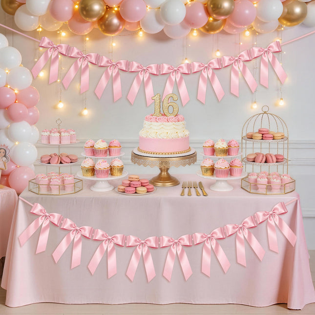 1-String Pink Bow Garland Banner, 8 Pre-Strung Double-Layer Satin Ribbon Bows, Valentines Day Decor for Baby Shower Bridal, Birthday Wedding Party, Reusable Girls Coquette Room Wall Mantel Decor