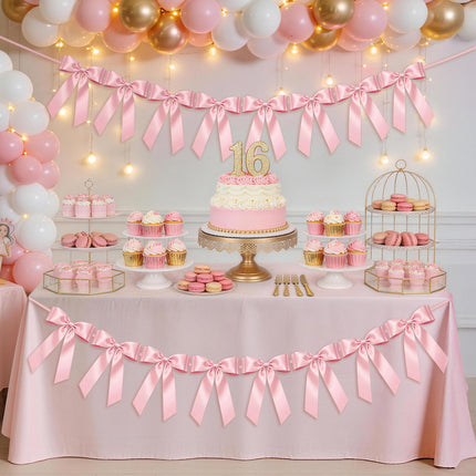 FLAIR GIFTS 2 Strings Pink Bow Garland Banner, Pre-Strung Satin Ribbon with 6.5ft Pearl Chain for Coquette Birthday, Bridal Shower, Party, Baby Shower, Engagement, Graduation & Anniversary Decor