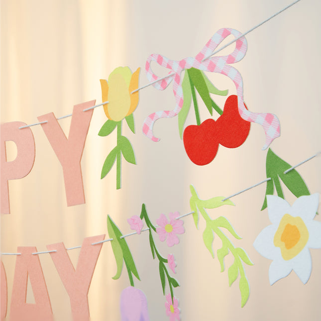 FLAIR GIFTS 2-Pack Happy Birthday Flower Felt Garland, 8ft Pre-Strung Floral Birthday Banner with Cherries & Blossoms, Reusable Pink Bunting for Garden Party, Nursery, Cottagecore Girls Birthday Decor