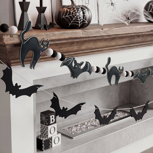 FLAIR GIFTS 2-Pack Halloween Felt Bat & Black Cat Garland, Pre-Strung 8ft 3D Stuffed Bat Banners with Pom Poms, Reusable Spooky Mantle Decor for Home, Office, Classroom Party Supplies