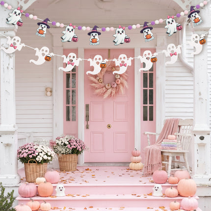 FLAIR GIFTS 2-Pack Halloween Ghost Felt Garland, 8ft 3D Cute Ghost Banner with Pom Poms, Pre-Strung Pastel Pink & Purple Halloween Decorations for Home, Fireplace Mantel, Classroom, Party Décor