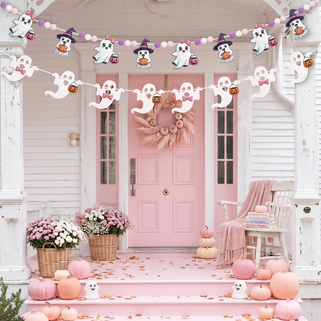 FLAIR GIFTS 2-Pack Halloween Ghost Felt Garland, 8ft 3D Cute Ghost Banner with Pom Poms, Pre-Strung Pastel Pink & Purple Halloween Decorations for Home, Fireplace Mantel, Classroom, Party Décor