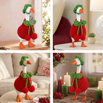 7 Inch Desk Goose Outfits Cherry, Handmade Knit Costume 2 PCs with Hat & Dress for Desktop Goose Statue Clothes Accessories Decor Gift