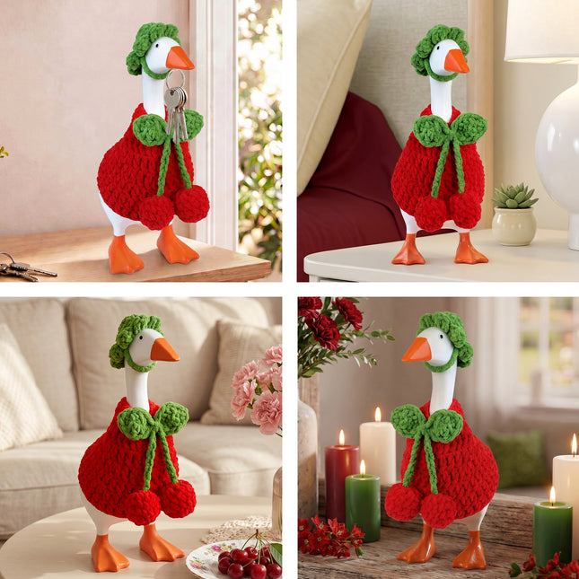 7 Inch Desk Goose Outfits Cherry, Handmade Knit Costume 2 PCs with Hat & Dress for Desktop Goose Statue Clothes Accessories Decor Gift