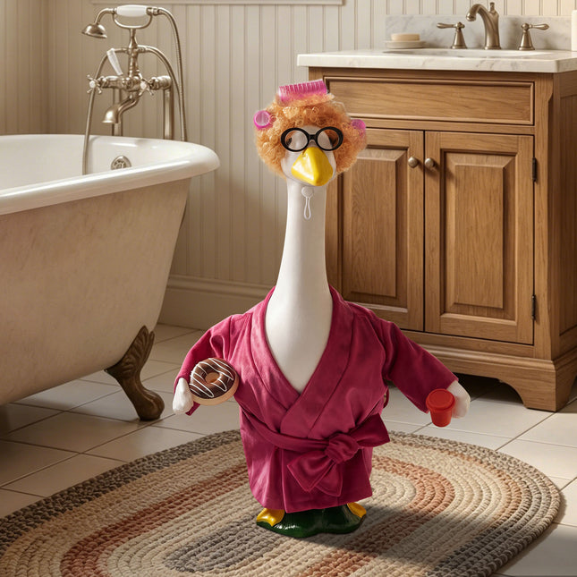 FLAIR GIFTS Porch Goose Robe Outfit Set for 23 Inch Goose Statue, Pink Flannel Bathrobe with Wig Curlers Coffee Cup Donut Glasses, Funny Home Relaxing Goose Clothes Decor (Pink)