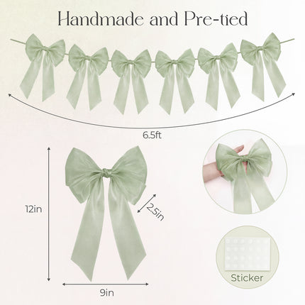 FLAIR GIFTS 1-String 6.5ft Sage Green Bows Garland Banner, 6 Pcs Pre-Strung Bow Party Decorations for Birthday, Bachelorette Party, Girly Pink Party Supplies, Baby Shower, Bridal Shower