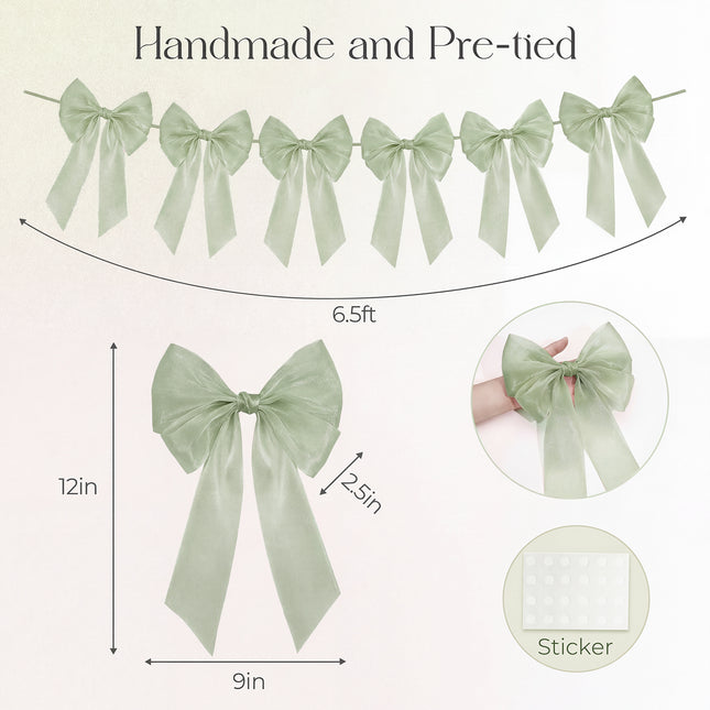 FLAIR GIFTS 1-String 6.5ft Sage Green Bows Garland Banner, 6 Pcs Pre-Strung Bow Party Decorations for Birthday, Bachelorette Party, Girly Pink Party Supplies, Baby Shower, Bridal Shower
