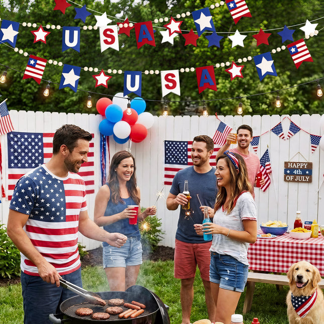 Flair Gifts 2 Pack 4th of July Garland, 6.5ft Felt Patriotic USA Garland for Mantel Red White Blue Star w/Wood Bead Flag Banner Decor for 250th Anniversary Independence Day Veterans Memorial Party