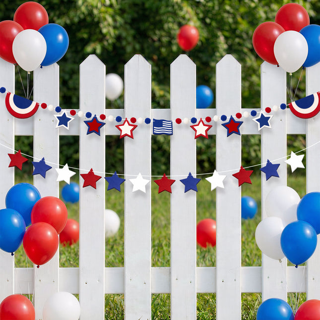 Flair Gifts 2 Pack 4th of July Garland, 6.5ft Felt Patriotic Star Garland for Mantel w/Red White Blue Pom Pom Flag Banner Decor for 250th Anniversary Independence Day Veterans Memorial Party