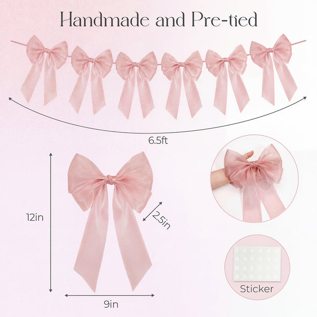 FLAIR GIFTS 1-String 6.5ft Dusty Rose Bows Garland Banner, 6 Pcs Pre-Strung Bow Party Decorations for Coquette Birthday, Bachelorette Party, Girly Pink Party Supplies, Baby Shower, Bridal Shower
