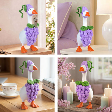 7 Inch Desk Goose Outfits Grape, Handmade Knit Costume 2 PCs with Hat & Dress for Desktop Goose Statue Clothes Accessories Decor Gift
