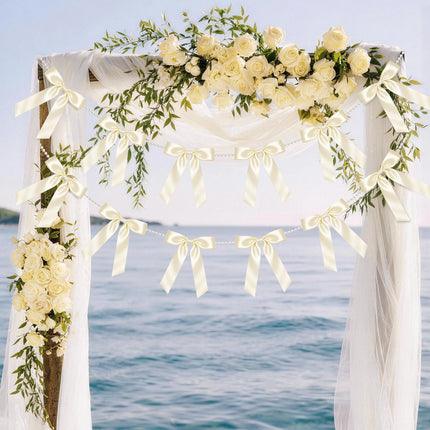 2 Strings White Bow Garland Banner, Pre-Strung Satin Ribbon with 6.5ft Pearl Chain for Bridal Shower, Wedding, Engagement, Bachelorette Party, Baby Shower, Graduation & Anniversary Decor