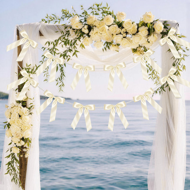 2 Strings White Bow Garland Banner, Pre-Strung Satin Ribbon with 6.5ft Pearl Chain for Bridal Shower, Wedding, Engagement, Bachelorette Party, Baby Shower, Graduation & Anniversary Decor