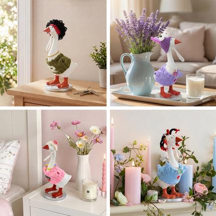 FLAIR GIFTS 4 Sets 7 Inch Desk Goose Sweater Outfits, Funny Knit Sweater with Knit Hat & Necklace, Hanger Stand Included for Desktop Goose Statue Clothes Accessories Decor