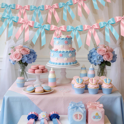 1-String Pink & Blue Bow Garland Banner, 8 Pre-Strung Double-Loop Satin Ribbon Bows, Valentines Day Decor for Baby Shower Bridal, Birthday & Wedding Party, Reusable Girls Coquette Room Wall Decor