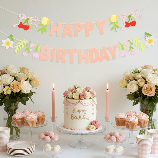 FLAIR GIFTS 2-Pack Happy Birthday Flower Felt Garland, 8ft Pre-Strung Floral Birthday Banner with Cherries & Blossoms, Reusable Pink Bunting for Garden Party, Nursery, Cottagecore Girls Birthday Decor