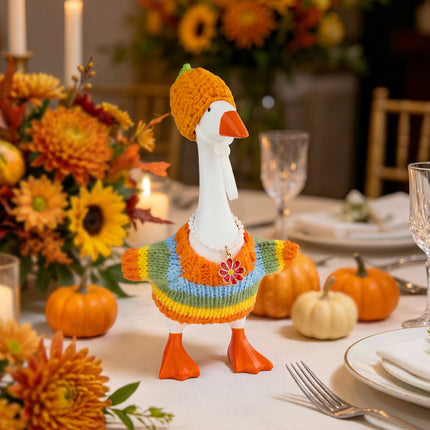FLAIR GIFTS 4 Sets 7 Inch Desk Goose Fall Outfits, Knit Sweater Hat Scarf & Accessories with Hanger Stand for Desktop Goose Statue Autumn Clothes Decor Gift