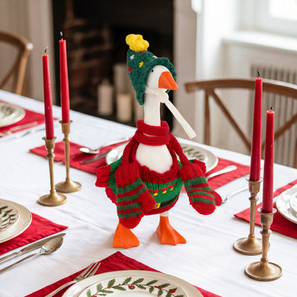 FLAIR GIFTS 4 Sets 7 Inch Desk Goose Christmas Outfits, Knit Sweater Santa Hat Scarf Gloves & Accessories with Hanger Stand for Desktop Goose Statue Holiday Decor Gift