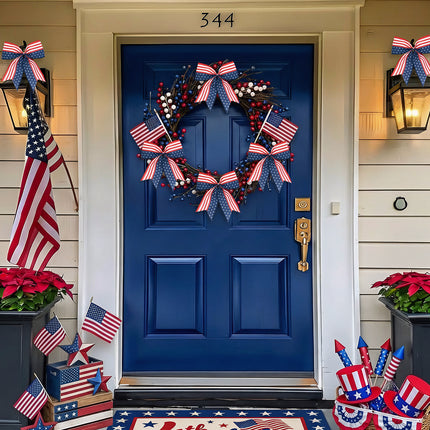 4th of July Decoration, 12 Pcs Patriotic Burlap Bows 6x6 Inch, Memorial Day Decorations Bows with Burlap Strip, Fourth of July Garland for Independence Day, Firepalce Wreath 250th Anniversary Decor