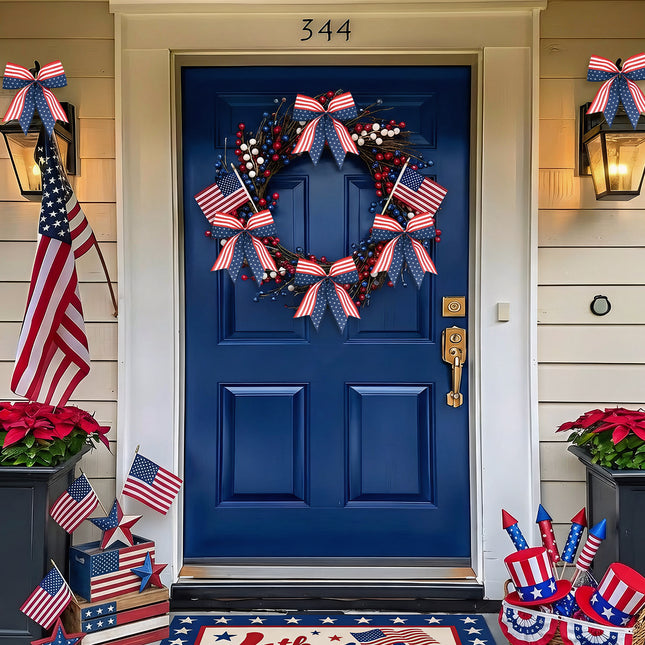 4th of July Decoration, 12 Pcs Patriotic Burlap Bows 6x6 Inch, Memorial Day Decorations Bows with Burlap Strip, Fourth of July Garland for Independence Day, Firepalce Wreath 250th Anniversary Decor