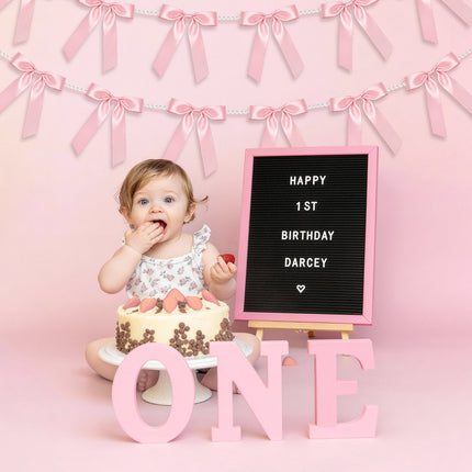 2 Strings Pink Bow Garland Banner, Pre-Strung Satin Ribbon with 6.5ft Pearl Chain for Coquette Birthday, Bridal Shower, Bachelorette Party, Baby Shower, Engagement, Graduation & Anniversary Decor