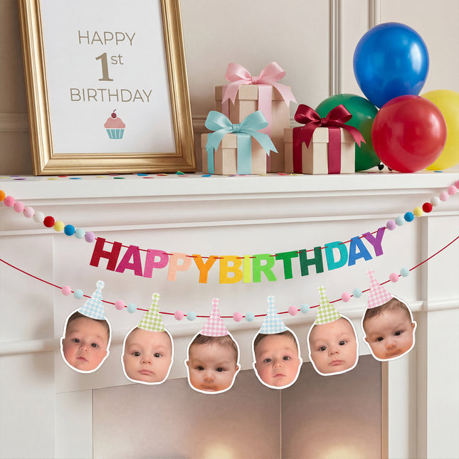 FLAIR GIFTS 2-Pack Happy Birthday Felt Garland with Pom Poms & Birthday Hats, 8ft Pre-Strung Reusable Colorful Felt Banner, Cute Pastel Bunting for Kids Party Decorations Backdrop