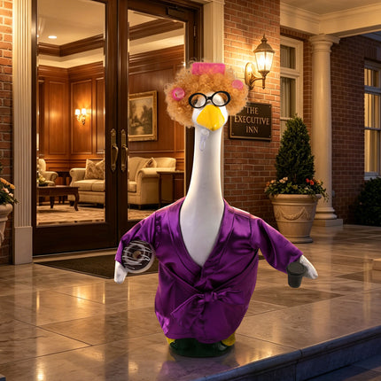 FLAIR GIFTS Porch Goose Robe Outfit Set for 23 Inch Goose Statue, Purple Silk Bathrobe with Wig Curlers Coffee Cup Donut Glasses, Elegant Funny Goose Clothes Decor (Purple Silk)
