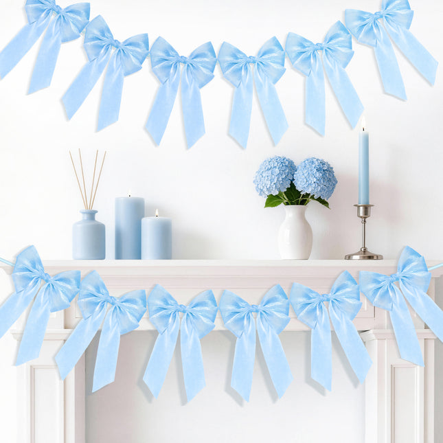 FLAIR GIFTS 1-String 6.5ft Blue Bows Garland Banner, 6 Pcs Pre-Strung Bows Party Decorations for Baby Shower, Birthday, Bridal Shower, Bachelorette Party, Tea Party Supplies