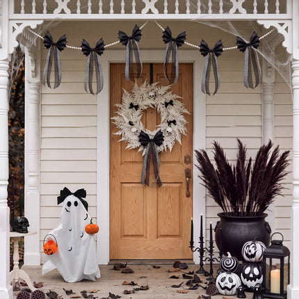 FLAIR GIFTS Halloween Spooky Gothic Black Bat Bow Garland, 6.5 Ft Pre-Strung PU Leather Banner Decor with 4 Extra DIY Bows for Fireplace Mantel Wall Home Decor