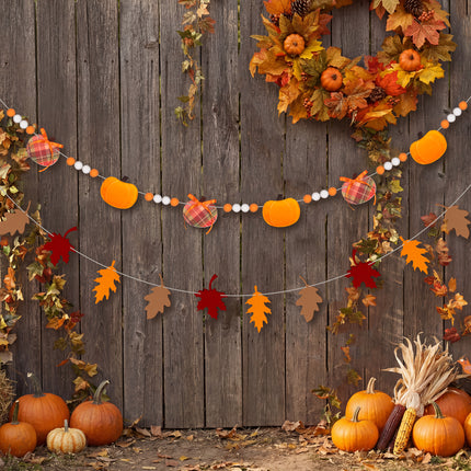 FLAIR GIFTS 2-Pack Fall Felt Garland, 8ft 3D Stuffed Pumpkin & Maple Leaves Banner with Pom Poms, Pre-Strung Autumn Bunting for Thanksgiving Mantel, Farmhouse Halloween Decor, Harvest Party Supplies