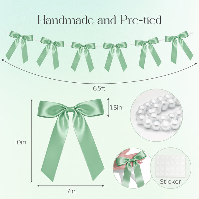 FLAIR GIFTS 2 Strings Sage Green Bow Garland Banner, 6.5ft Pearl Chain Pre-Strung Satin Ribbon for Woodland Baby Shower, Garden Wedding, Forest First Birthday, Neutral Nursery & Botanical Party Decor