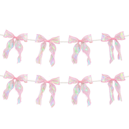 FLAIR GIFTS 2 Strings Iridescent Pink Bow Garland Banner, Pre-Strung Fish-Tail Organza Ribbon with 6.5ft Pearl Chain for Coquette Birthday, Bridal Shower, Baby Shower, Engagement, Anniversary Decor