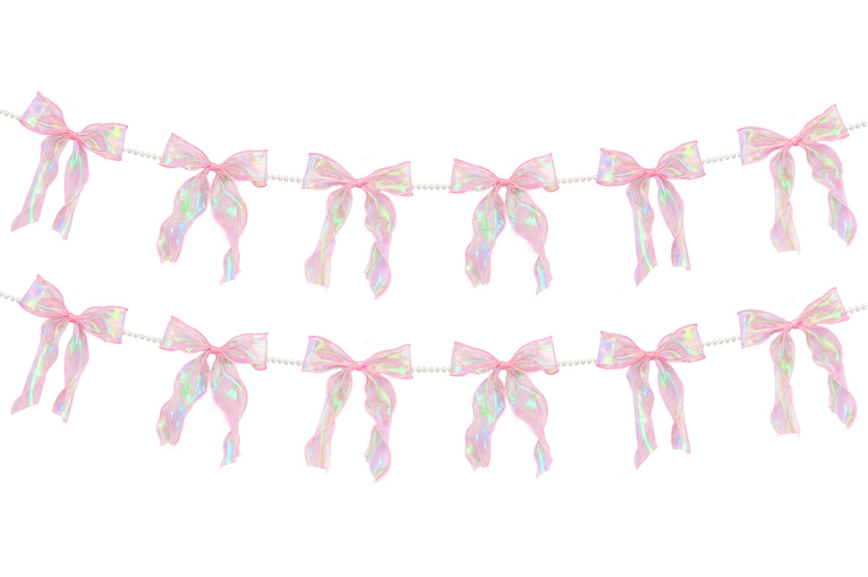 FLAIR GIFTS 2 Strings Iridescent Pink Bow Garland Banner, Pre-Strung Fish-Tail Organza Ribbon with 6.5ft Pearl Chain for Coquette Birthday, Bridal Shower, Baby Shower, Engagement, Anniversary Decor