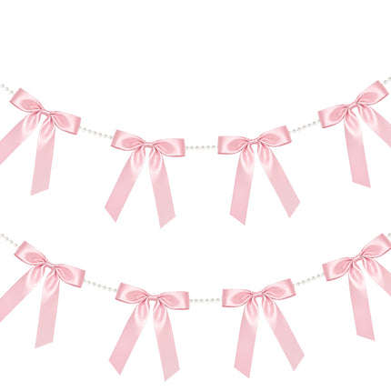 2 Strings Pink Bow Garland Banner, Pre-Strung Satin Ribbon with 6.5ft Pearl Chain for Coquette Birthday, Bridal Shower, Bachelorette Party, Baby Shower, Engagement, Graduation & Anniversary Decor