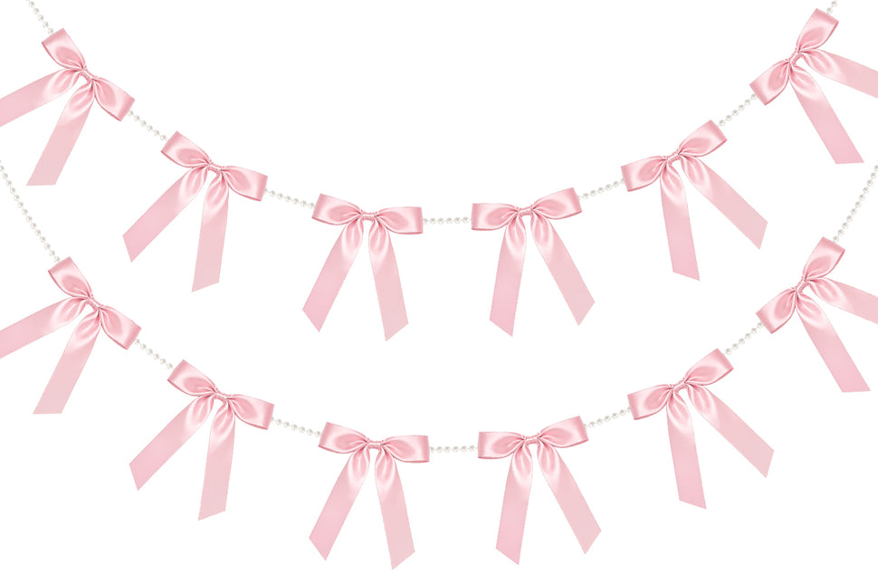 2 Strings Pink Bow Garland Banner, Pre-Strung Satin Ribbon with 6.5ft Pearl Chain for Coquette Birthday, Bridal Shower, Bachelorette Party, Baby Shower, Engagement, Graduation & Anniversary Decor