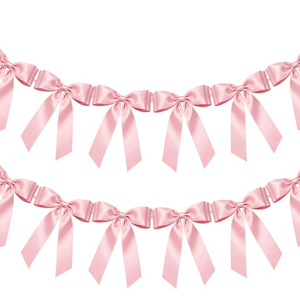 FLAIR GIFTS 2 Strings Pink Bow Garland Banner, Pre-Strung Satin Ribbon with 6.5ft Pearl Chain for Coquette Birthday, Bridal Shower, Party, Baby Shower, Engagement, Graduation & Anniversary Decor