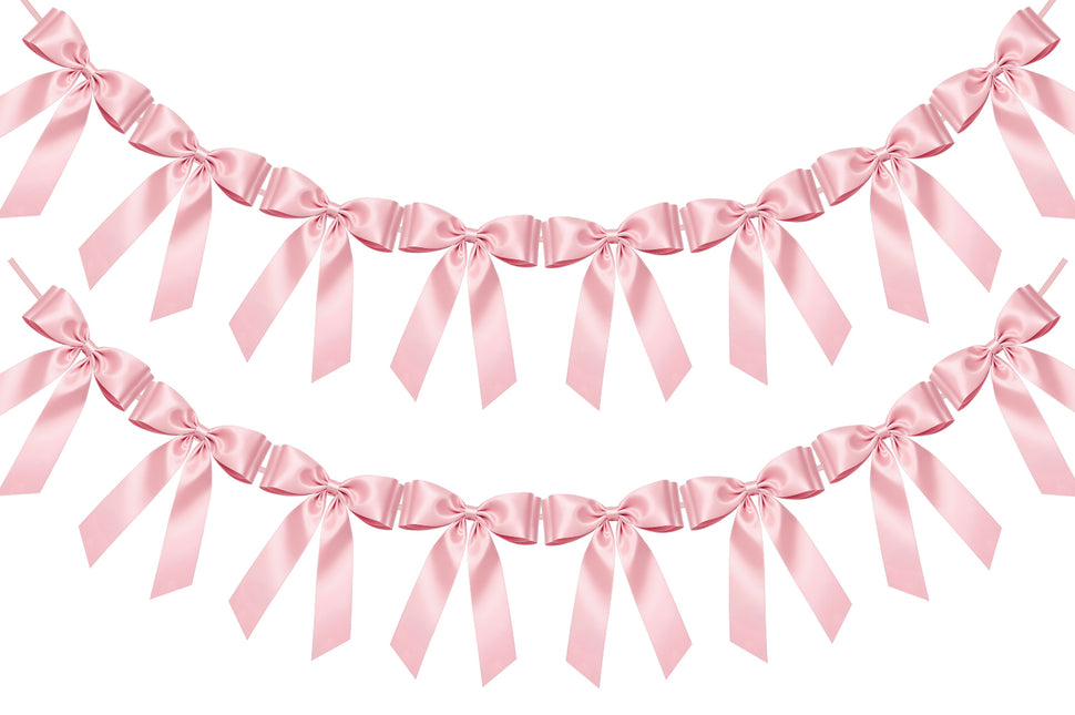 FLAIR GIFTS 2 Strings Pink Bow Garland Banner, Pre-Strung Satin Ribbon with 6.5ft Pearl Chain for Coquette Birthday, Bridal Shower, Party, Baby Shower, Engagement, Graduation & Anniversary Decor