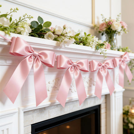 FLAIR GIFTS 2 Strings Pink Bow Garland Banner, Pre-Strung Satin Ribbon with 6.5ft Pearl Chain for Coquette Birthday, Bridal Shower, Party, Baby Shower, Engagement, Graduation & Anniversary Decor