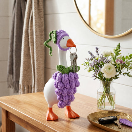 7 Inch Desk Goose Outfits Grape, Handmade Knit Costume 2 PCs with Hat & Dress for Desktop Goose Statue Clothes Accessories Decor Gift