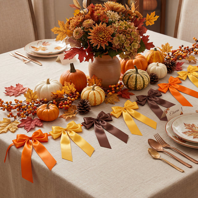 1-String Vintage Fall Bow Garland, 8 Pre-Strung Brown& Orange& Yellow Double-Layer Satin Ribbon Bows Banner, Reusable Autumn Thanksgiving Wall Mantel Decor