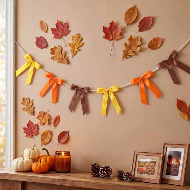 FLAIR GIFTS 2 Strings Fall Bow Garland Banner, 6.5ft Pearl Chain Pre-Strung 6 Satin Ribbon for Autumn Decor, Thanksgiving, Friendsgiving, Pumpkin Patch Party, Vintage Harvest Mantle Backdrop