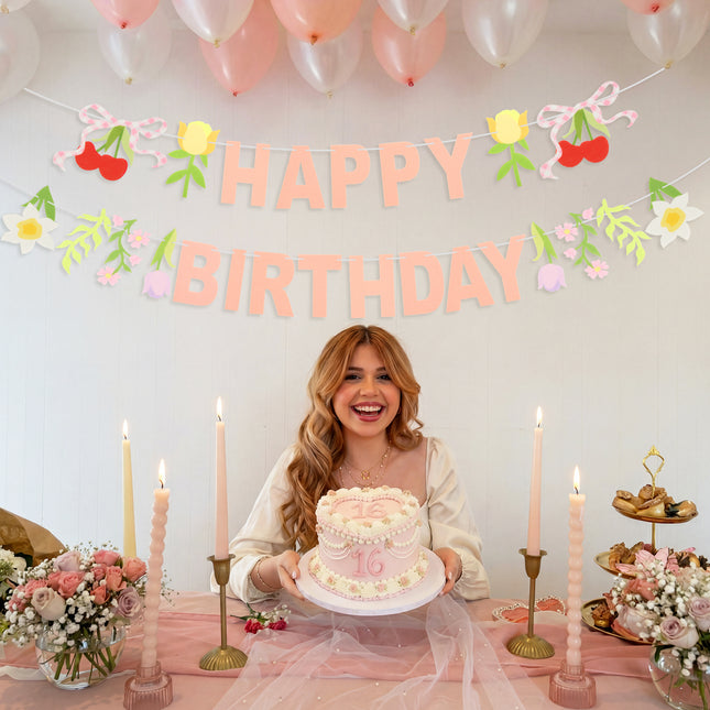 FLAIR GIFTS 2-Pack Happy Birthday Flower Felt Garland, 8ft Pre-Strung Floral Birthday Banner with Cherries & Blossoms, Reusable Pink Bunting for Garden Party, Nursery, Cottagecore Girls Birthday Decor