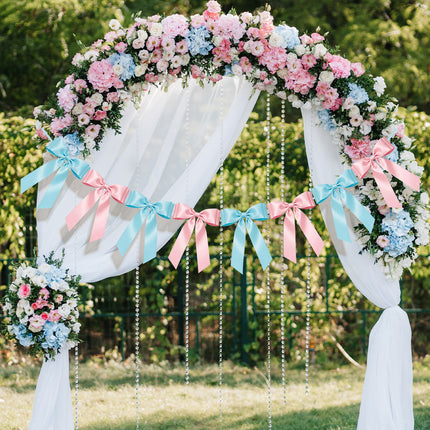 1-String Pink & Blue Bow Garland Banner, 8 Pre-Strung Double-Loop Satin Ribbon Bows, Valentines Day Decor for Baby Shower Bridal, Birthday & Wedding Party, Reusable Girls Coquette Room Wall Decor