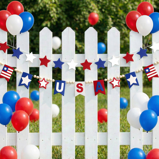 Flair Gifts 2 Pack 4th of July Garland, 6.5ft Felt Patriotic USA Garland for Mantel Red White Blue Star w/Wood Bead Flag Banner Decor for 250th Anniversary Independence Day Veterans Memorial Party