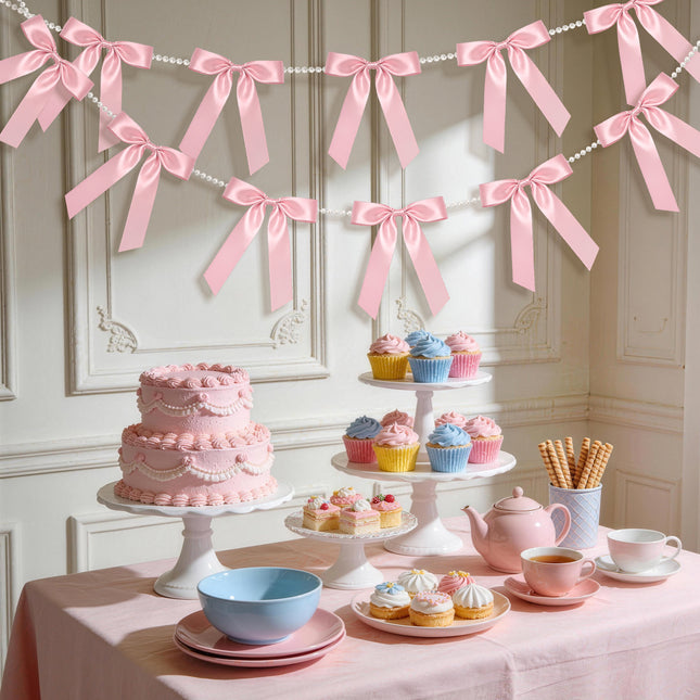 2 Strings Pink & White Bow Garland Banner, Pre-Strung Satin Ribbon with 6.5ft Pearl Chain for Coquette Birthday, Bridal Shower, Bachelorette Party, Baby Shower, Engagement, Anniversary Decor