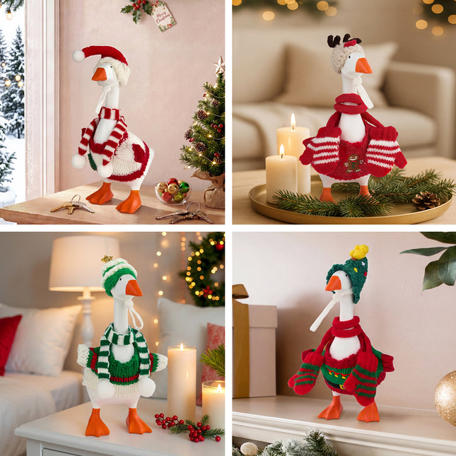 FLAIR GIFTS 4 Sets 7 Inch Desk Goose Christmas Outfits, Knit Sweater Santa Hat Scarf Gloves & Accessories with Hanger Stand for Desktop Goose Statue Holiday Decor Gift