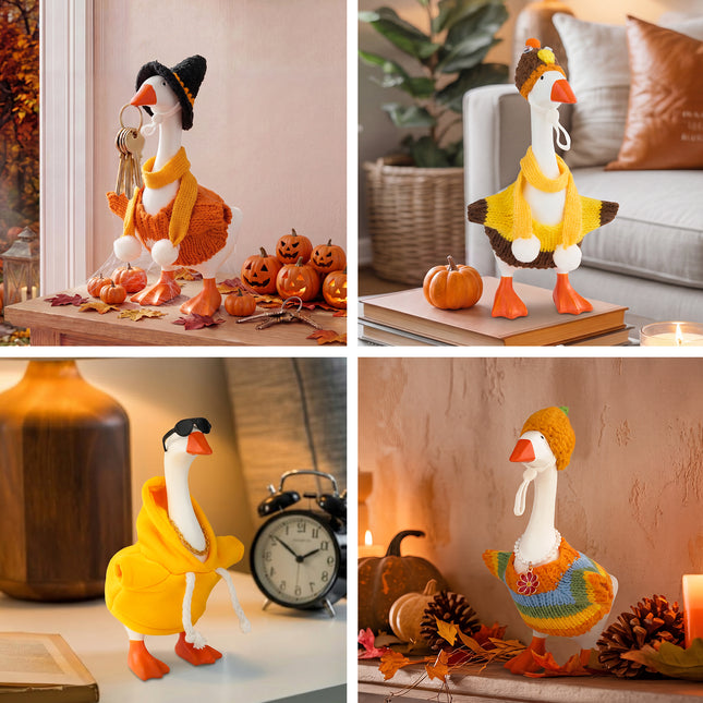FLAIR GIFTS 4 Sets 7 Inch Desk Goose Fall Outfits, Knit Sweater Hat Scarf & Accessories with Hanger Stand for Desktop Goose Statue Autumn Clothes Decor Gift