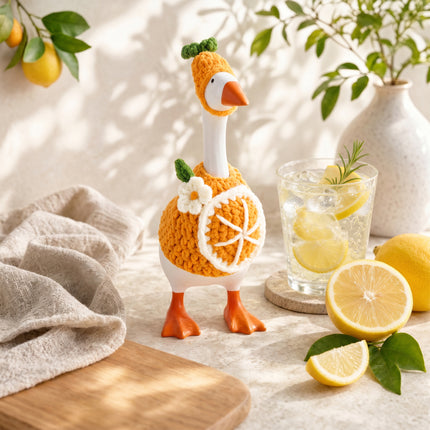 7 Inch Desk Goose Outfits Orange, Handmade Knit Costume 2 PCs with Hat & Dress for Desktop Goose Statue Clothes Accessories Decor Gift
