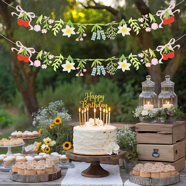 FLAIR GIFTS 2-Pack Wildflower Felt Garland, 8ft Colorful Floral Banner with Lavender & Daisy, Pre-Strung Cherry Blossom Bunting with Bows, Cottagecore Nursery Decor & Garden Party Supplies