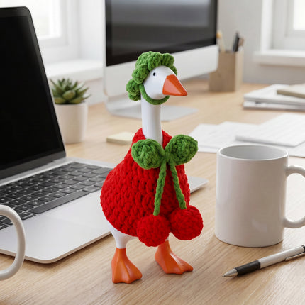 7 Inch Desk Goose Outfits Cherry, Handmade Knit Costume 2 PCs with Hat & Dress for Desktop Goose Statue Clothes Accessories Decor Gift